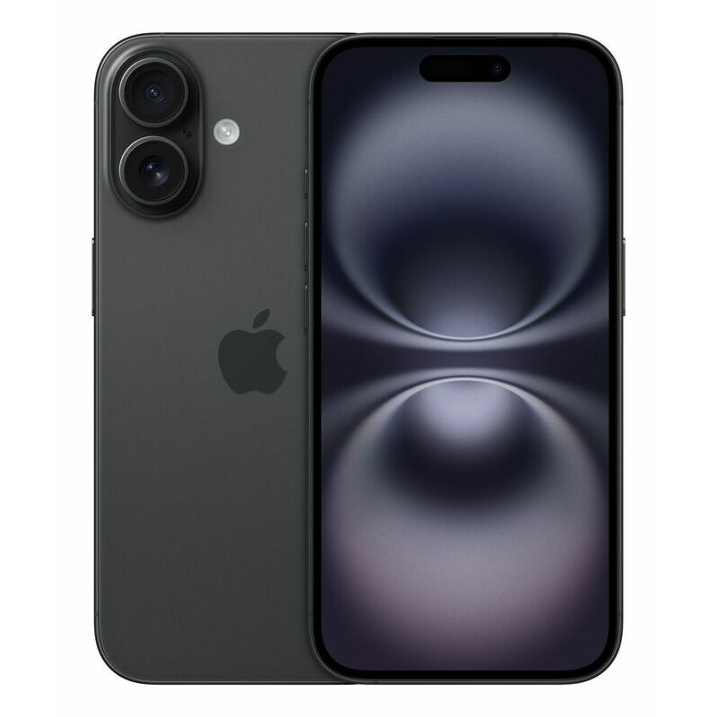 Apple iPhone 16, Black – front and back view