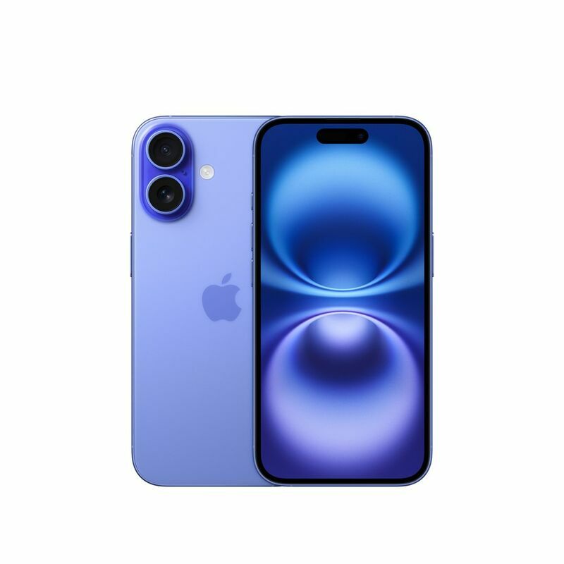 Apple iPhone 16, Ultramarine – front and back view
