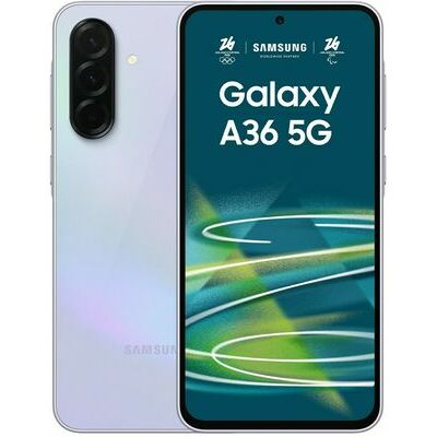 Samsung Galaxy A36 5G, 128 GB, Lavender – front and back view